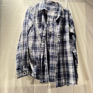St John's Bay Shirt Women 0X Plus Blue Plaid Button Collared Long Sleeve Cotton